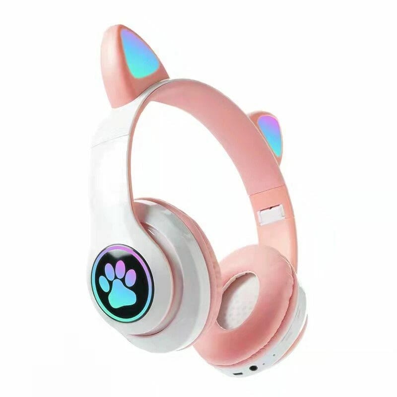 Pink headphones with cat ear design on a white background