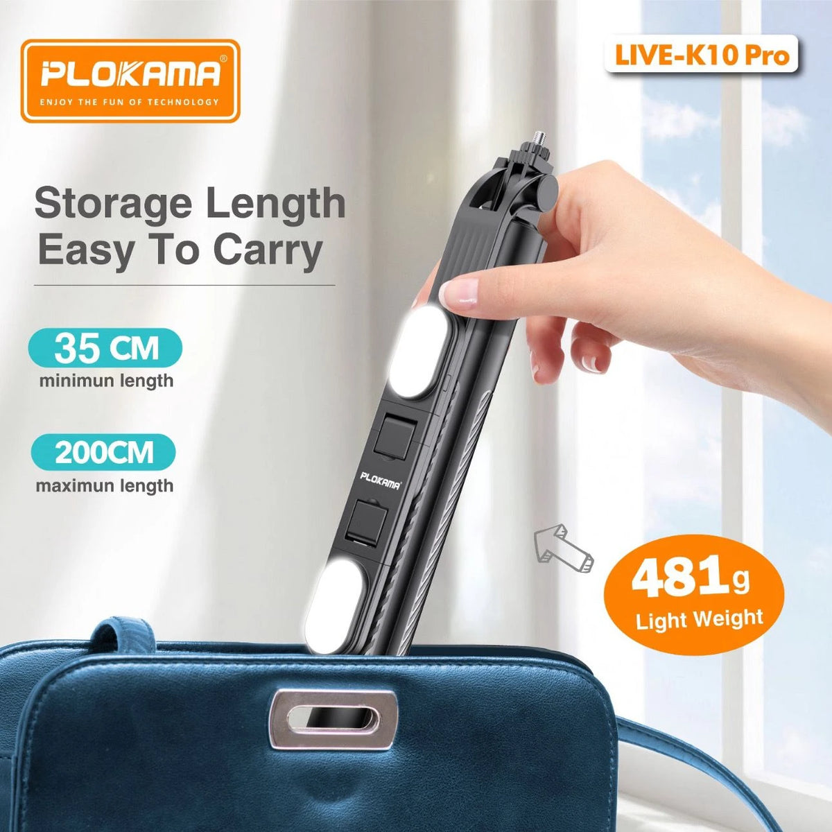 PLOKAMA K10 Pro folded to 35cm and weighing 481g, fitting inside a handbag