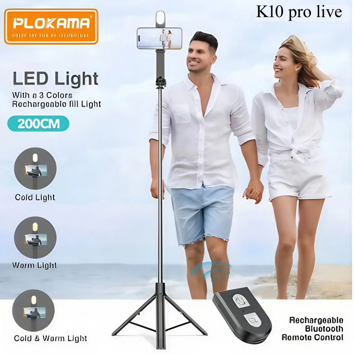 PLOKAMA K10 Pro reinforced tripod base with silicone anti-slip feet and quality metal pole