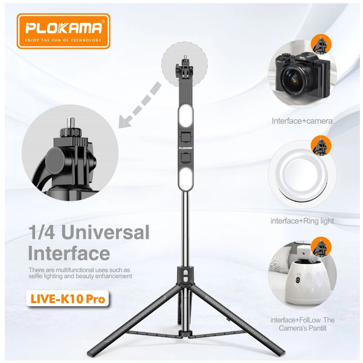 PLOKAMA K10 Pro LED fill light in cold, warm and natural modes with rechargeable Bluetooth remote