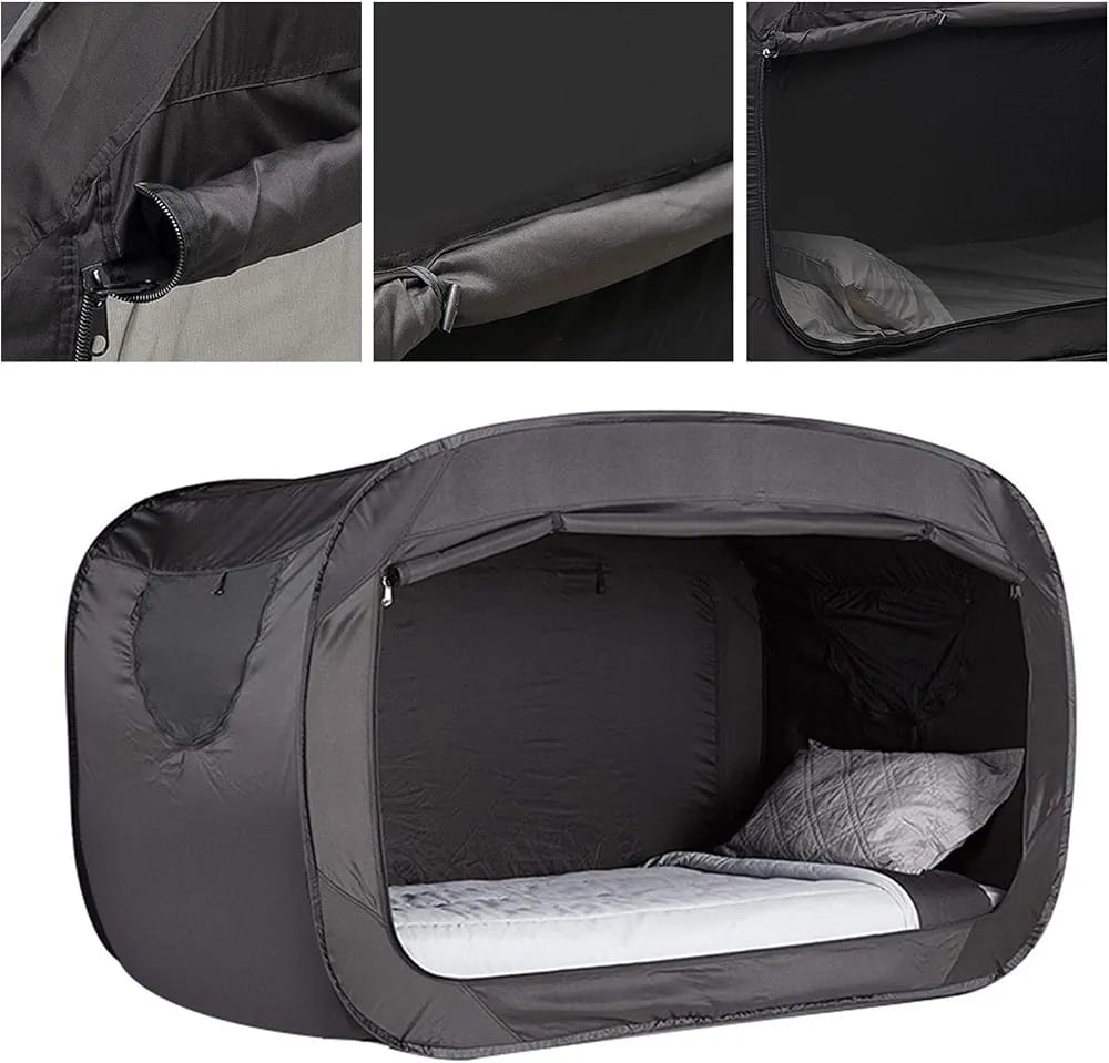 A pop-up camping bed tent shown open with a mattress and pillow inside, plus three close-up detail panels at the top showing the fabric, zipper, and interior opening.