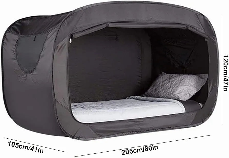 A dark gray pop-up tent bed with a mattress and pillow inside, showing dimension labels of 105cm/41in, 205cm/80in, and 120cm/47in on a white background. Portable Sleeping Bed Tent for Indoor Home Use in Qatar