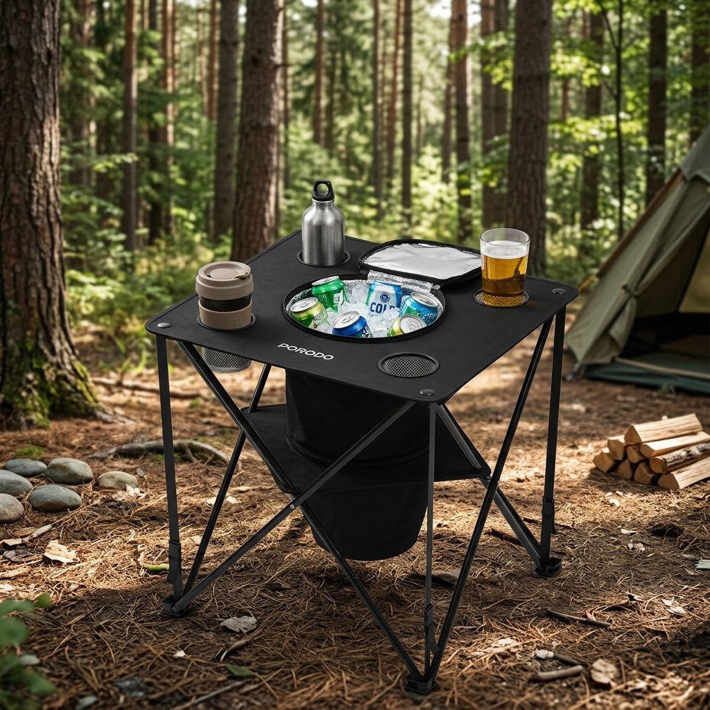 Portable black camping table with built-in cooler, cup holders, and folding legs in a forest campsite
