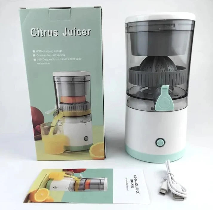 Citrus juicer with orange half and juice container