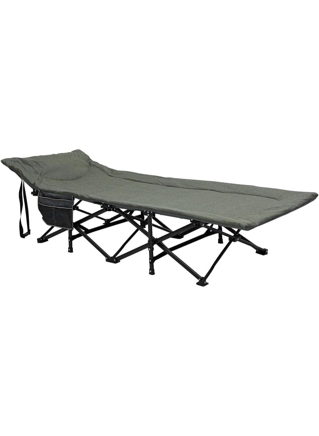 Portable folding camping cot bed with green fabric and black metal frame