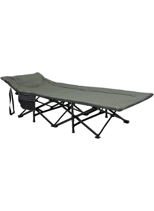 Portable folding camping cot bed with green fabric and black metal frame