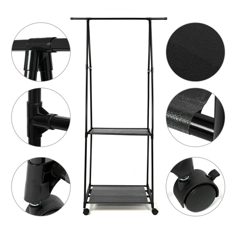 Black metal garment rack with close-up details on a white background