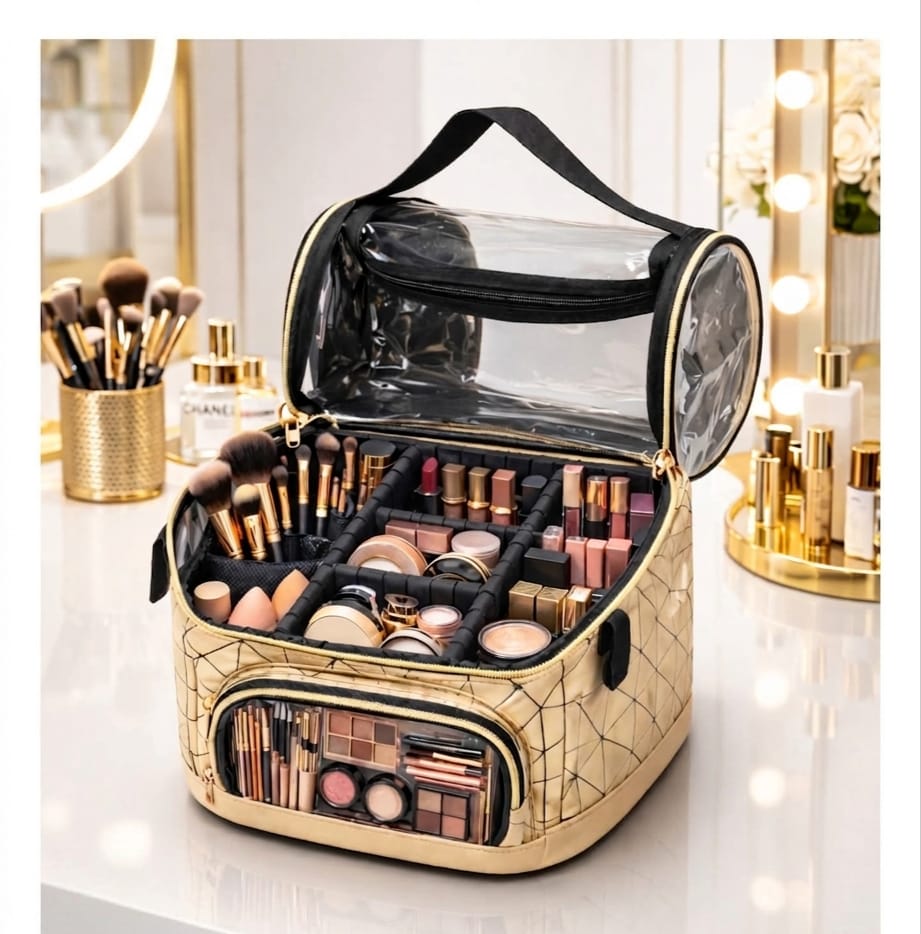 Gold makeup organizer with various cosmetic items on a vanity table.