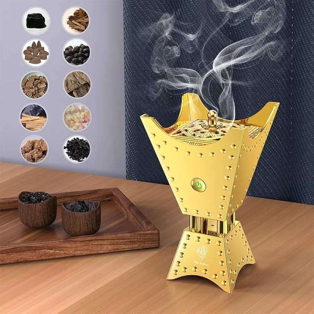 Gold incense burner with smoke on a wooden surface, surrounded by various incense sticks.