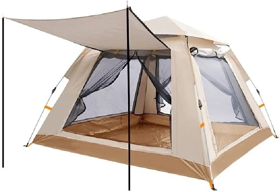 A beige and brown camping tent with a large attached rainfly and mesh windows, shown on a plain white background.