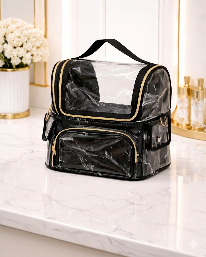Clear makeup bag with black trim on a marble surface
