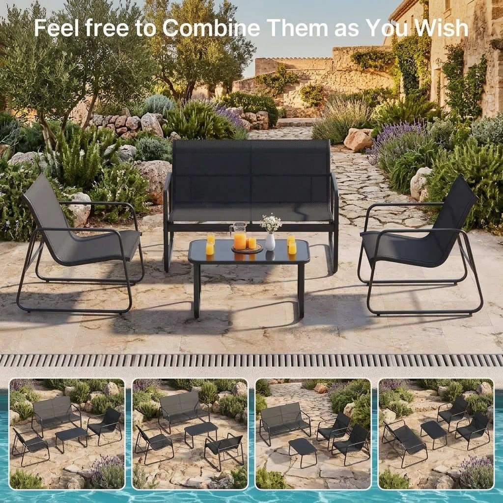 Outdoor loveseat, two chairs and coffee table arranged in different layouts on a stone patio