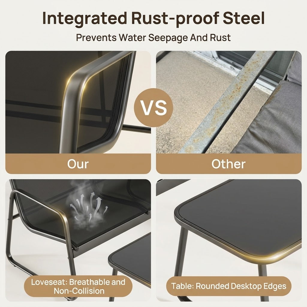Black outdoor armchair with breathable textilene seat and rust-proof steel frame