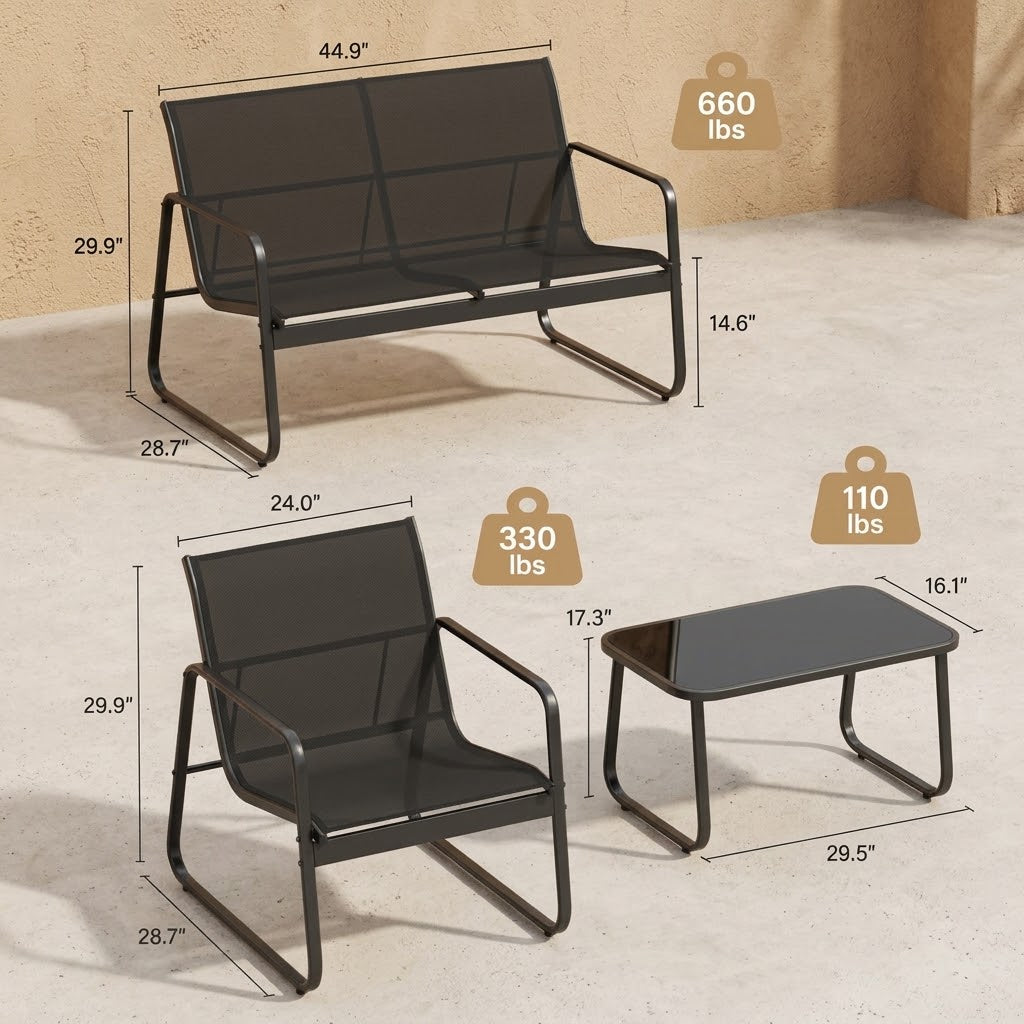 Size and weight capacity diagram of black loveseat, chair and glass coffee table outdoor patio set