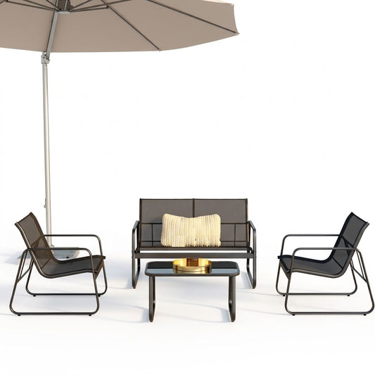 Black outdoor patio set with loveseat, two chairs and glass coffee table on white background