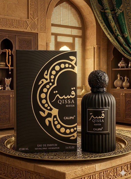 Caliph Qissa Maven Eau de Parfum bottle and its black packaging box, both featuring gold Arabic calligraphy and 'CALIPH QISSA MAVEN' branding, displayed on an ornate gold tray in a luxurious, traditional Middle Eastern room.