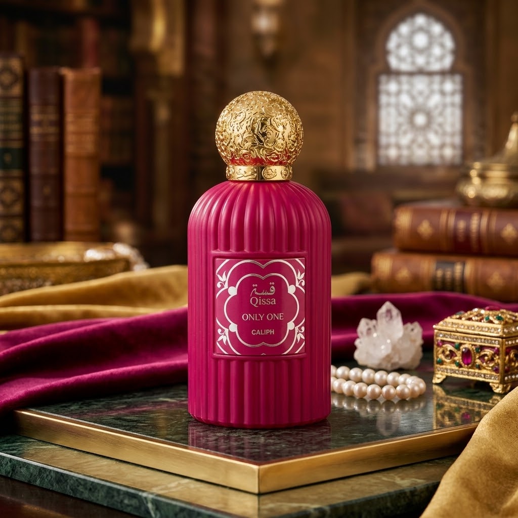Qissa Only One Caliph magenta ribbed perfume bottle with ornate gold-tone cap