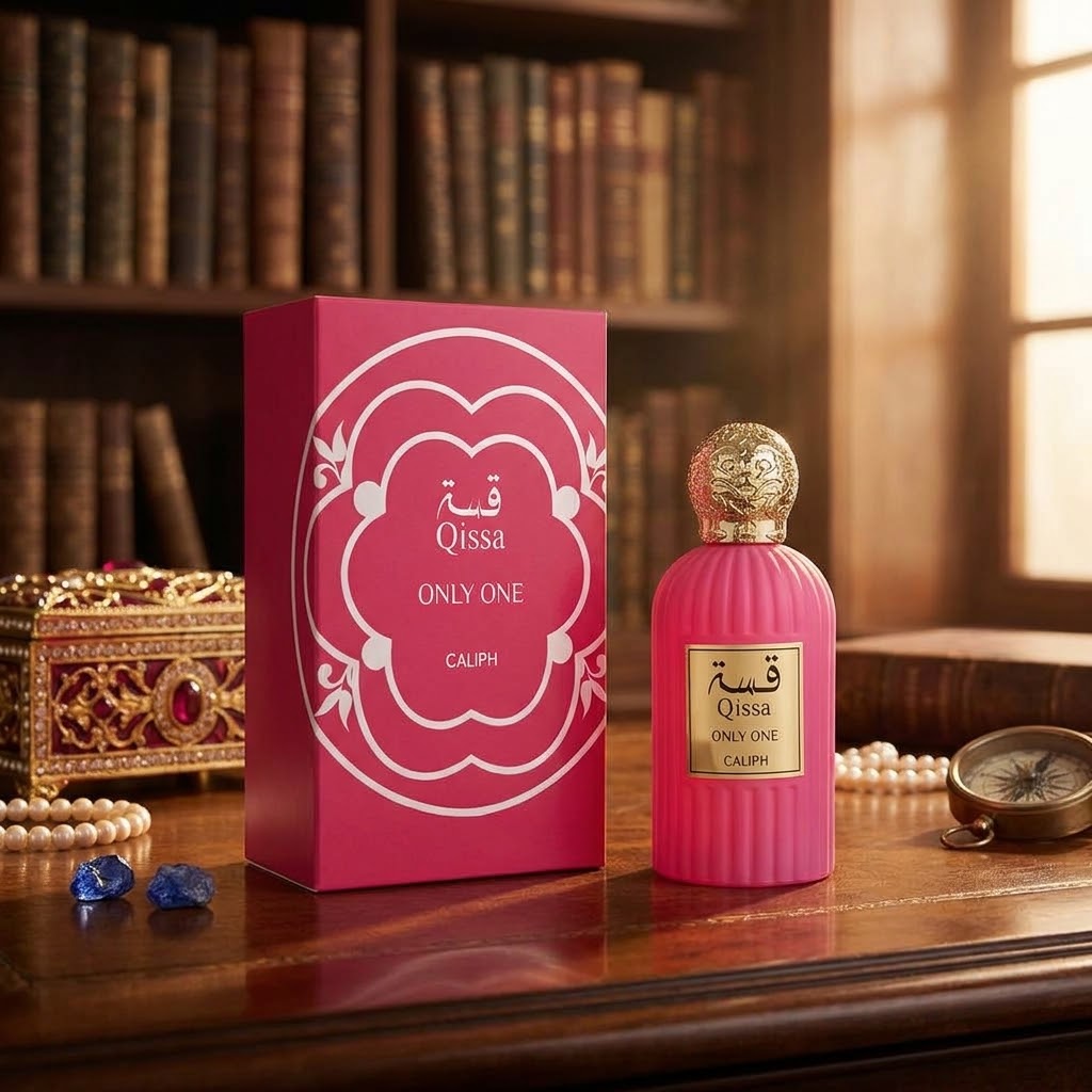 Pink Qissah Only One Calph perfume bottle and its matching pink box, styled on a wooden table with a bookshelf background.