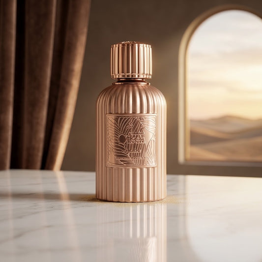 A ribbed metallic rose gold perfume bottle with a matching cap, featuring an embossed label with a desert landscape and the text 'SUNSET OIL'. The bottle is placed on a white marble surface with a warm, blurred background showing brown curtains and an arched window view of a desert sunset.