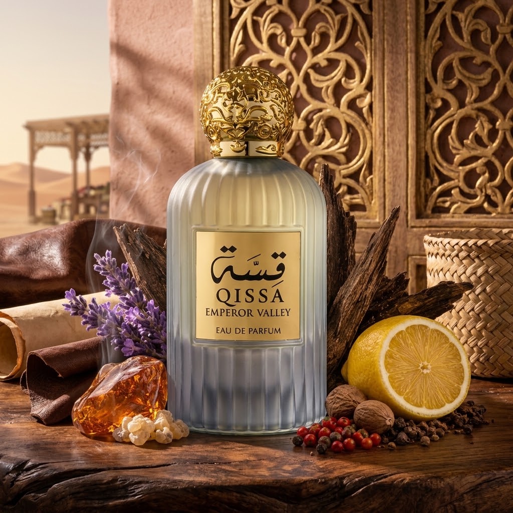 Qissah Emperor Valley perfume bottle with ribbed blue-grey glass and decorative gold-tone cap