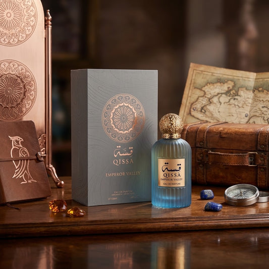 Qissah Emperor Valley Eau de Parfum 100ml blue-grey bottle with matching box and gold-tone cap