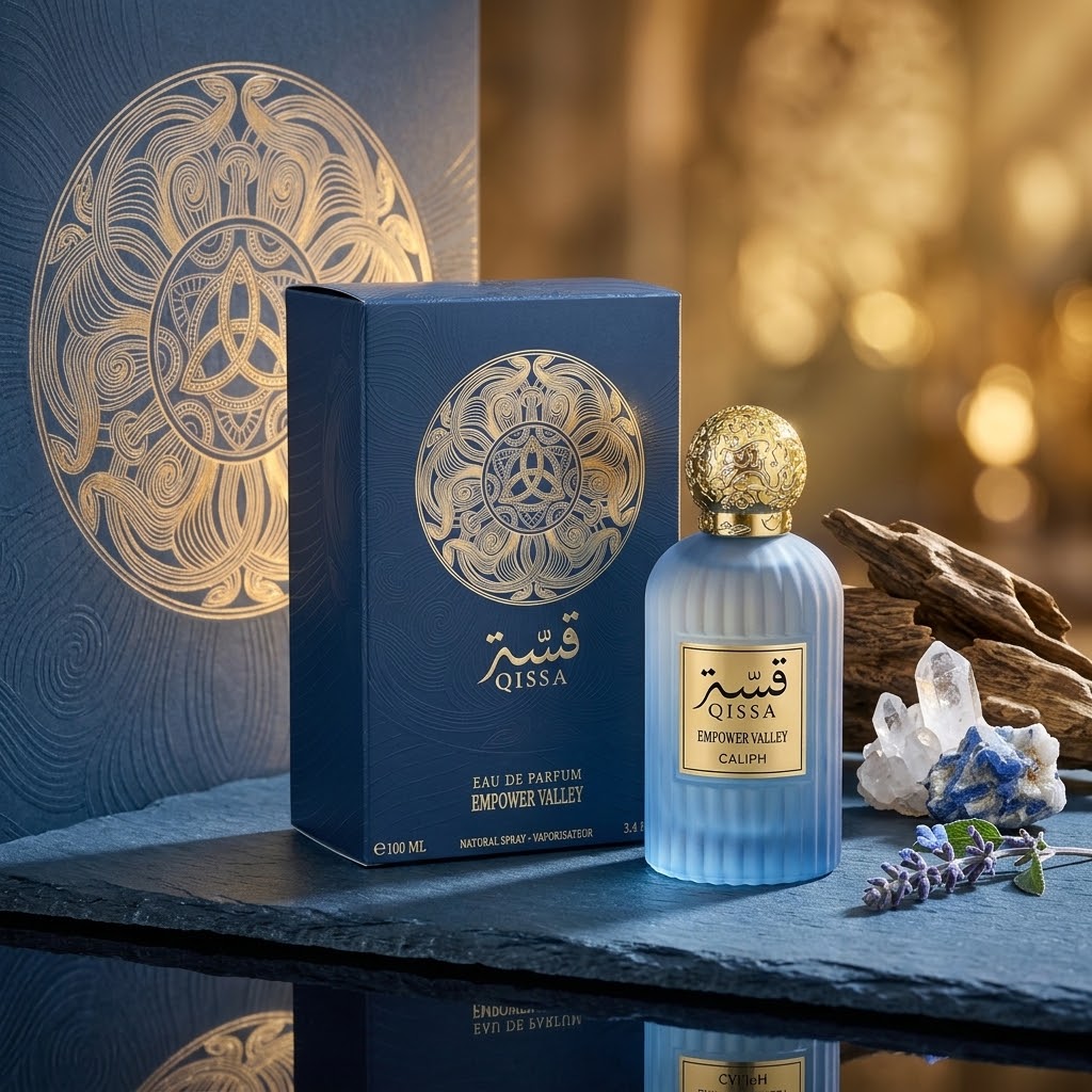 A bottle of Qissa Empower Valley Calm Eau de Parfum next to its blue packaging box, styled on a slate surface with decorative crystals, lavender, and driftwood against a warm golden bokeh background.