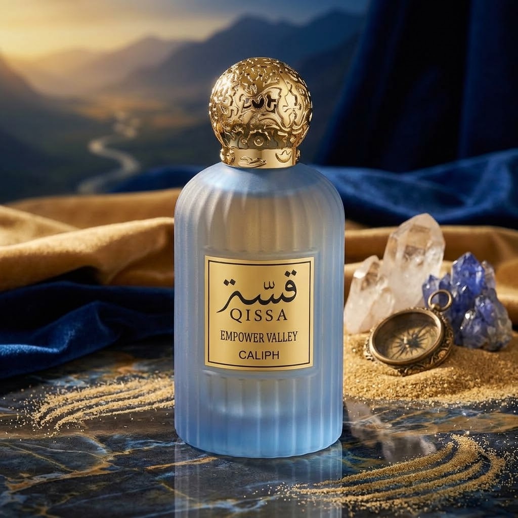 A ribbed frosted light blue perfume bottle with a gold label reading QISSA EMPOWER VALLEY CALIPH, topped with an ornate gold cap. The bottle is styled on a reflective dark marble surface with gold sand, blue velvet, a pocket watch, crystals, and a scenic mountain landscape backdrop.