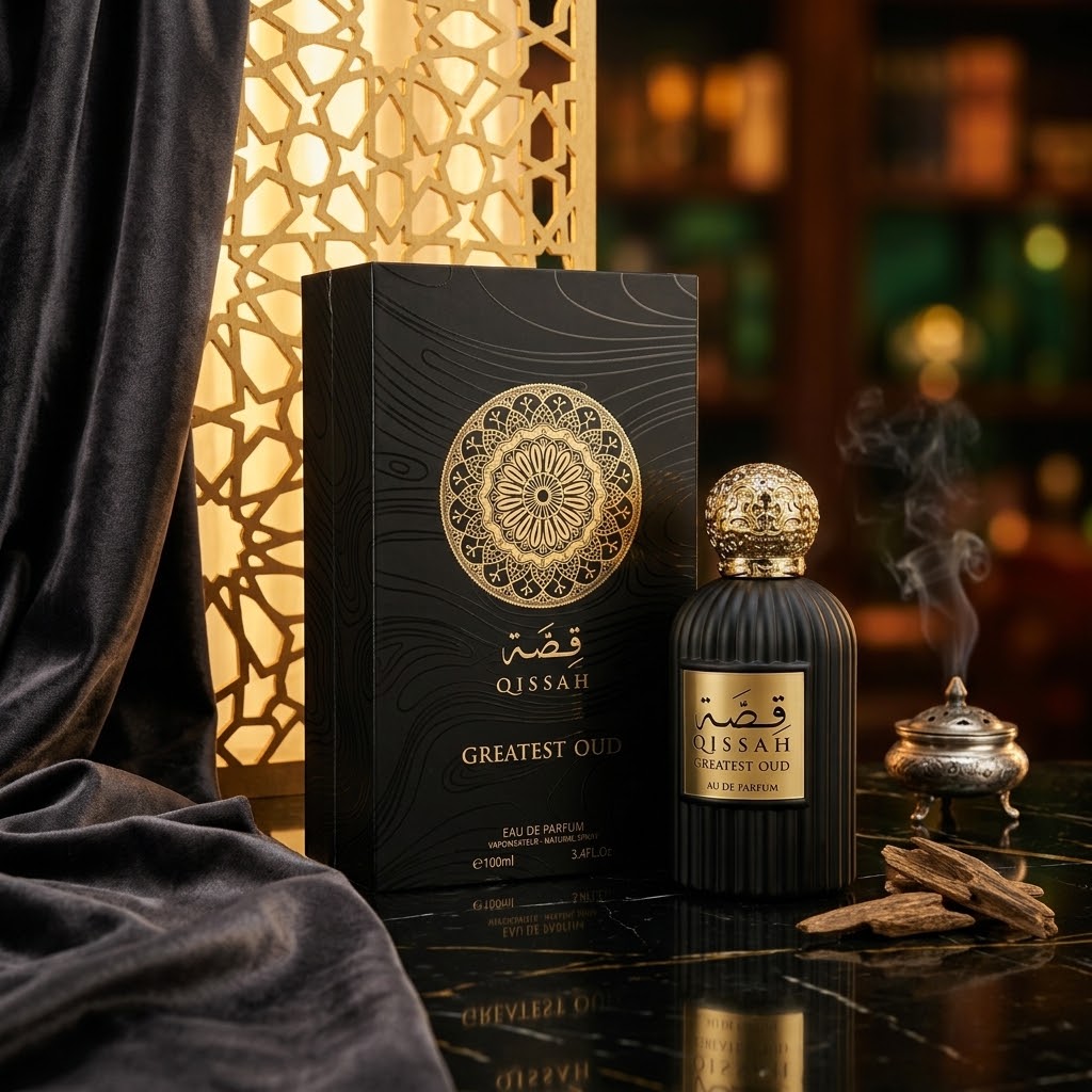 A luxury perfume bottle and its matching black box with gold detailing, displayed on a dark marble surface next to a smoking incense burner and incense sticks, with draped velvet and a warm glowing geometric screen in the background.