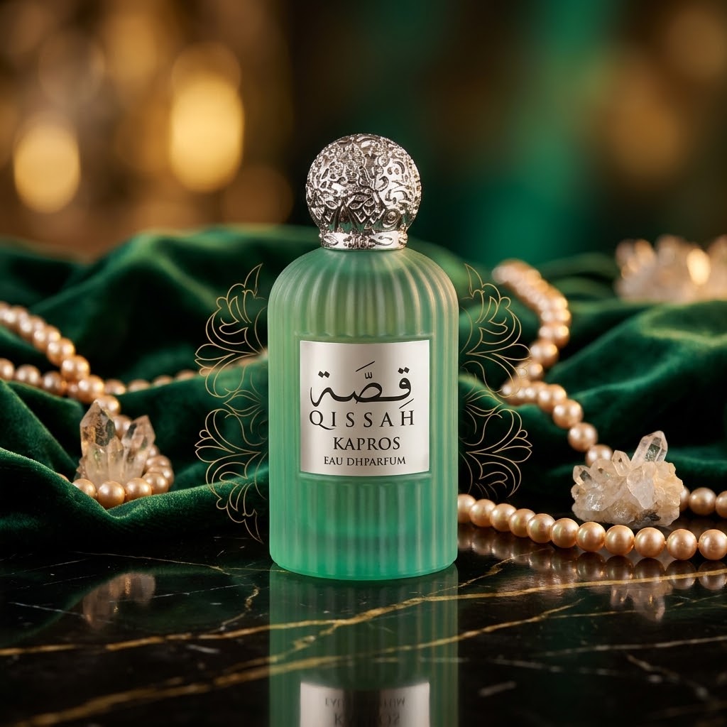 A green ribbed glass perfume bottle with a silver ornate cap and a white label reading 'QISSAH KAFROS EAU DE PARFUM', styled on a black marble surface with green velvet cloth, pearl strands, and clear crystal accents.