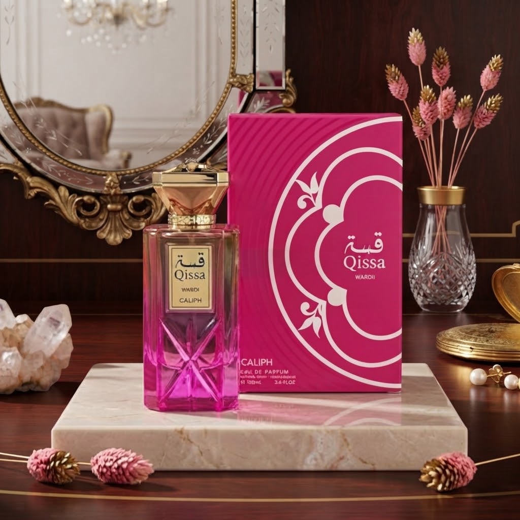 Qissah Wardi Caliph pink Eau de Parfum bottle with matching magenta box and gold-tone cap