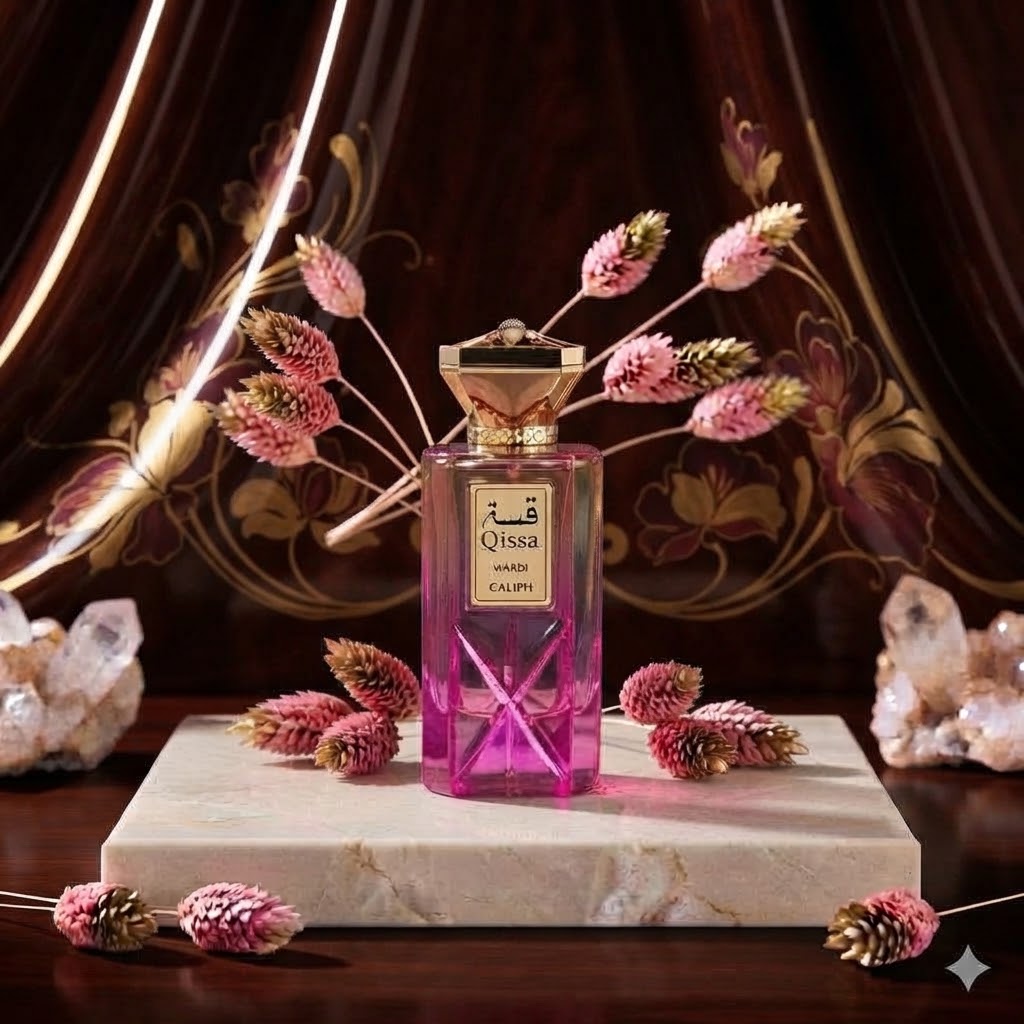 Qissah Wardi Caliph transparent pink perfume bottle with geometric design and gold-tone cap