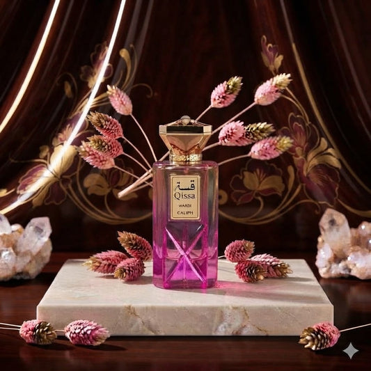 Qissah Wardi Caliph transparent pink perfume bottle with geometric design and gold-tone cap