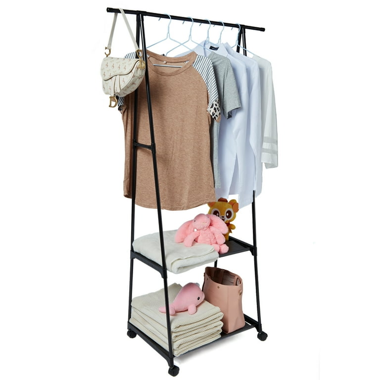 Rolling clothes storage rack with wheels and shelves