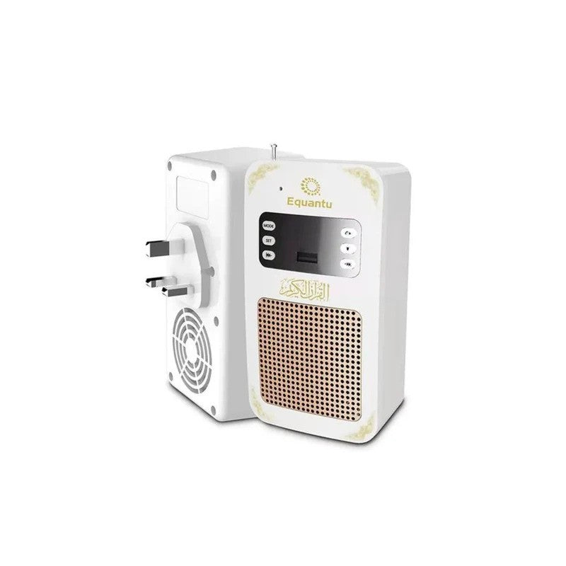 White electronic device with digital display and branding on a white background