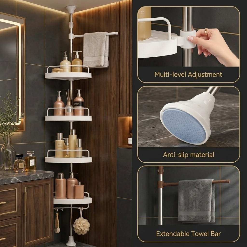 Corner shower shelf organizer in a bathroom setting, with three inset detail panels showing a hand adjusting multi-level brackets, a close-up of the shower head attachment, and an extendable towel bar.