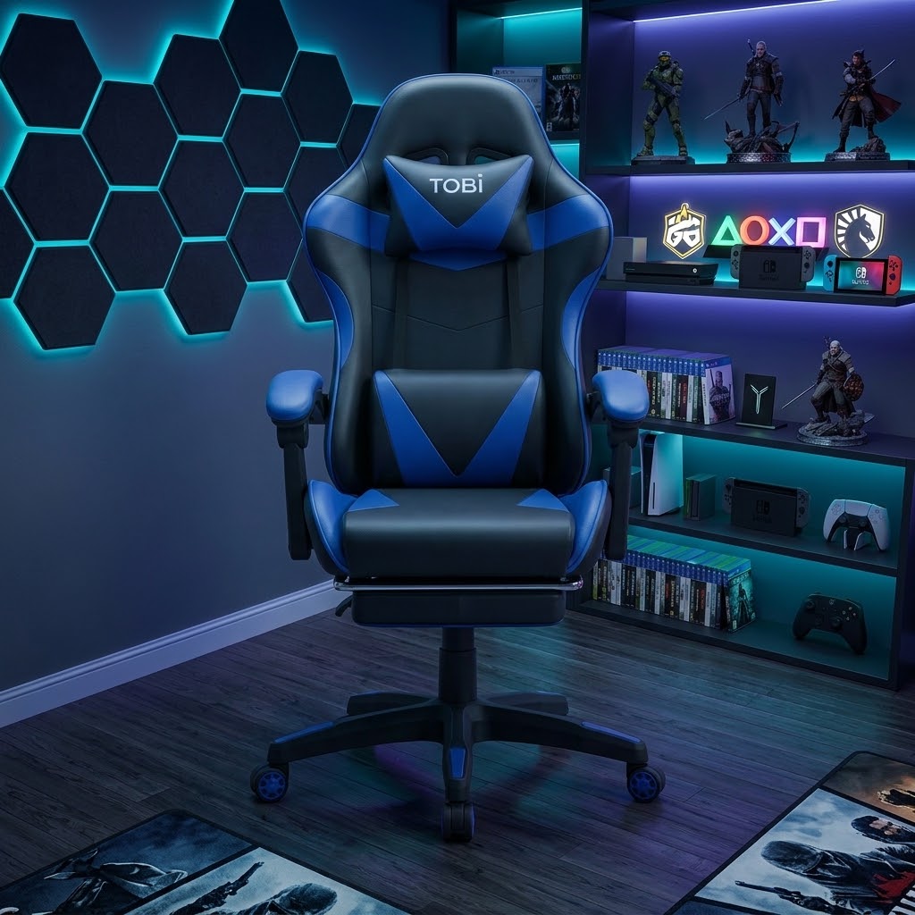 TOBI blue and black gaming chair with headrest cushion