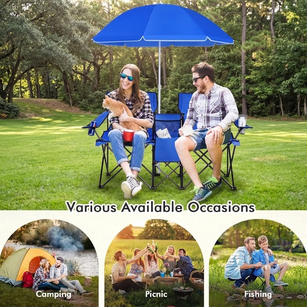 Outdoor folding beach chairs with umbrella, cup holders, and portable design beside the ocean