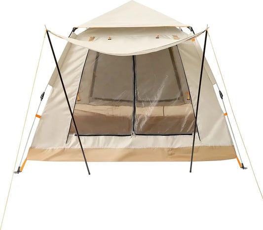 A beige and tan camping tent with clear mesh windows and black support poles, shown on a plain white background.