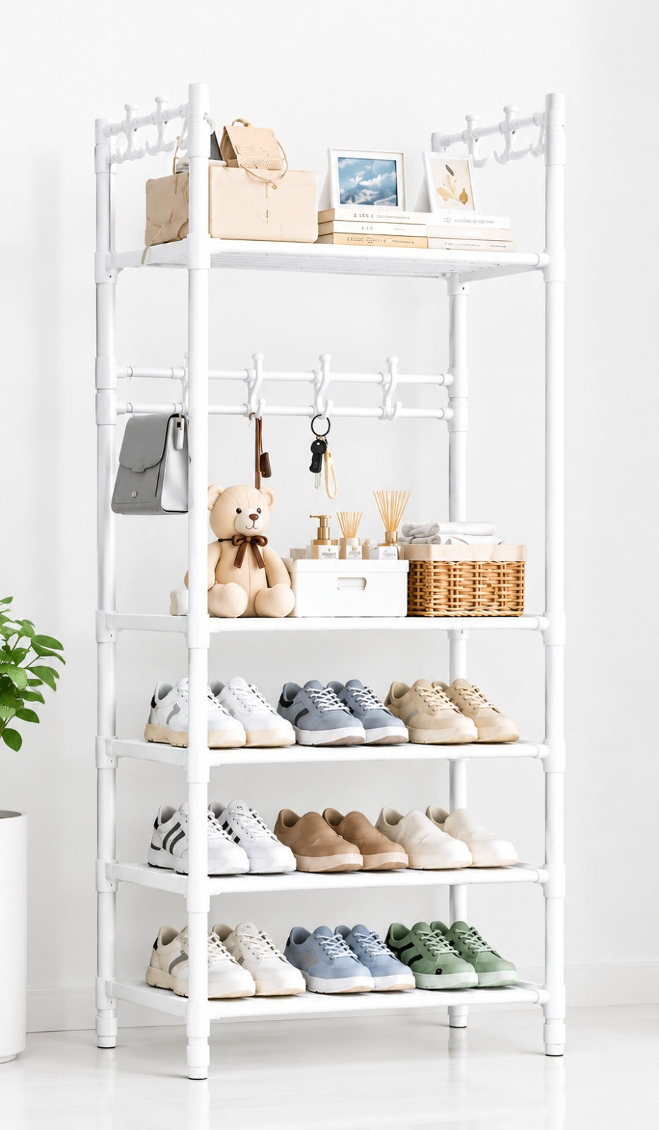 White multi-layer shoe rack with storage shelves