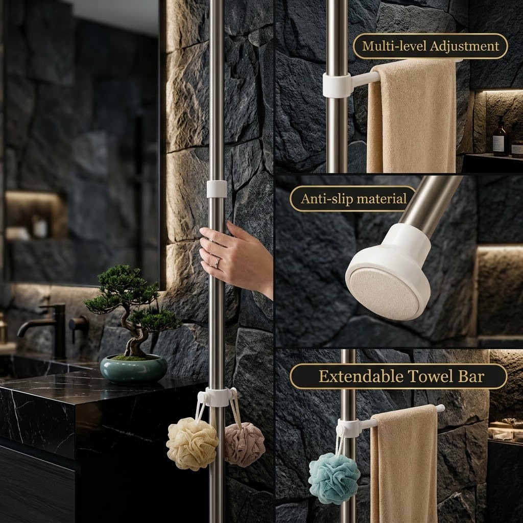 A multi-level adjustable stainless steel towel bar shown in a bathroom setting, with a hand demonstrating the extendable pole. The collage includes close-ups of the white anti-slip connectors, a hanging shower head, and towels hanging from the bar.