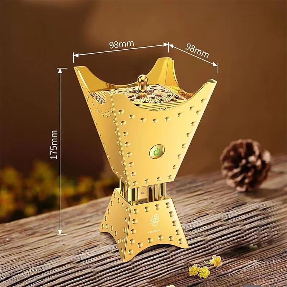 Gold-colored incense burner with dimensions on a wooden surface