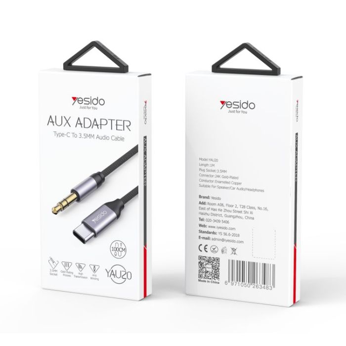Yesido YAU20 USB-C to 3.5mm AUX Audio Adapter Cable – 100cm Type-C Headphone Jack Converter product image 2